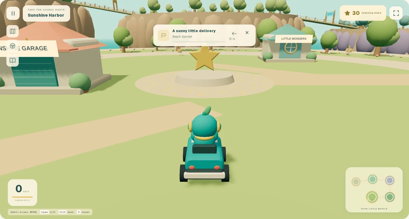 The LearnzyGo adventure game: a kart exploring Sunshine Harbor, with learning stars and island scenery