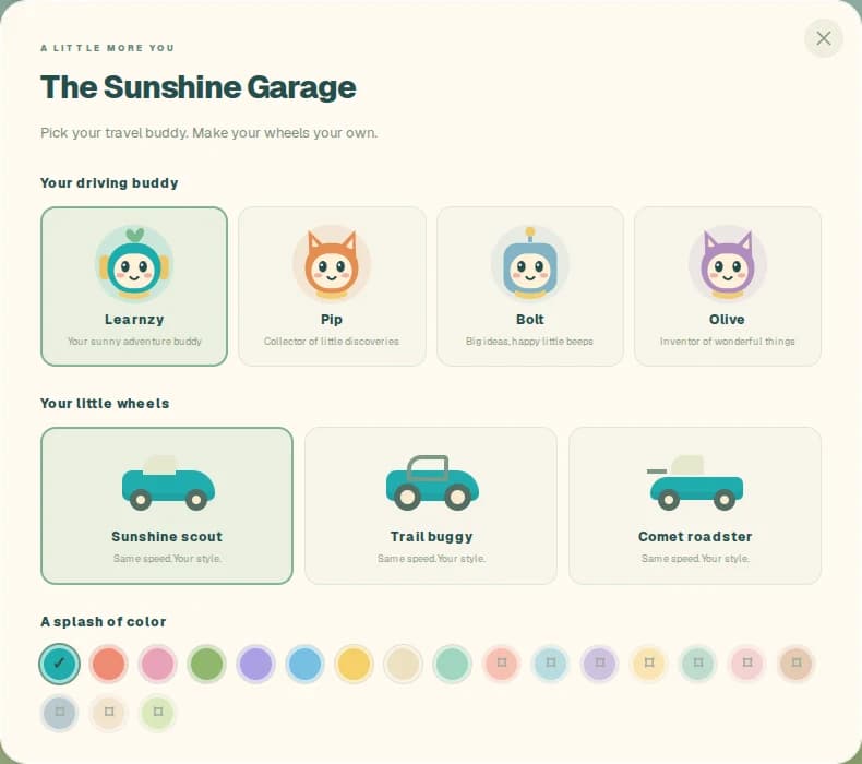 The Sunshine Garage showing playable characters and kart customization choices unlocked by learning