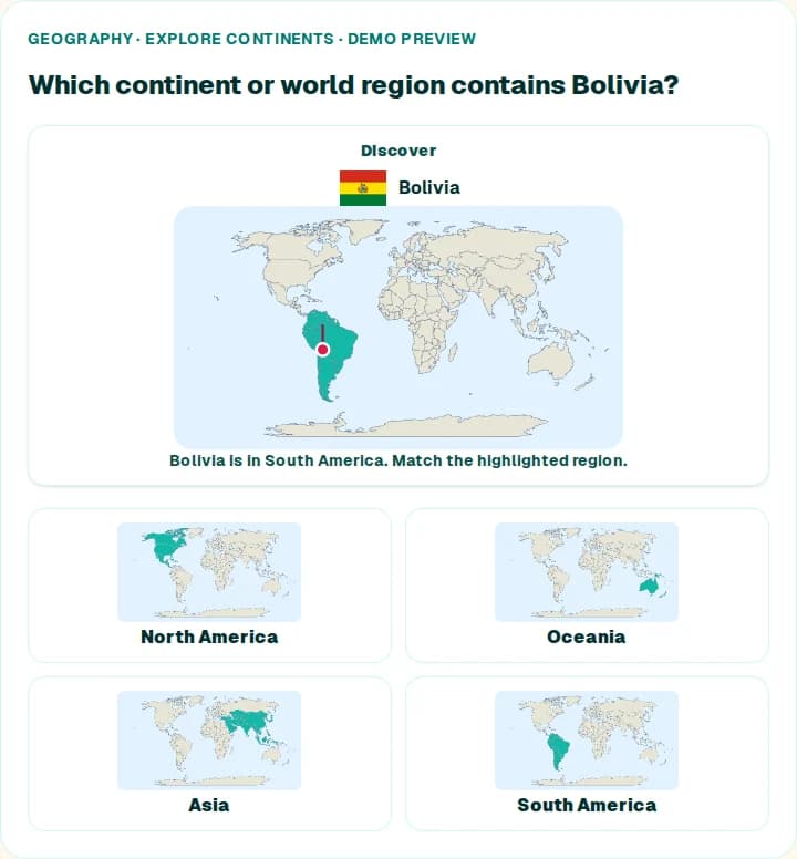 Geography · Explore continents: Which continent or world region contains Bolivia?