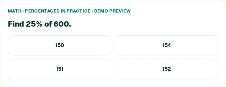 Math · Percentages in practice: Find 25% of 600.