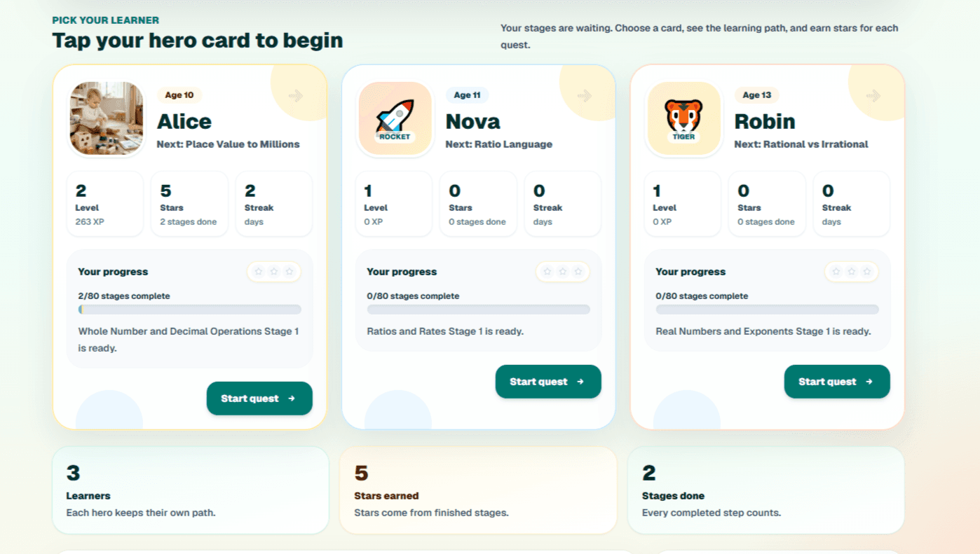 Learner selection dashboard with hero cards and progress summaries