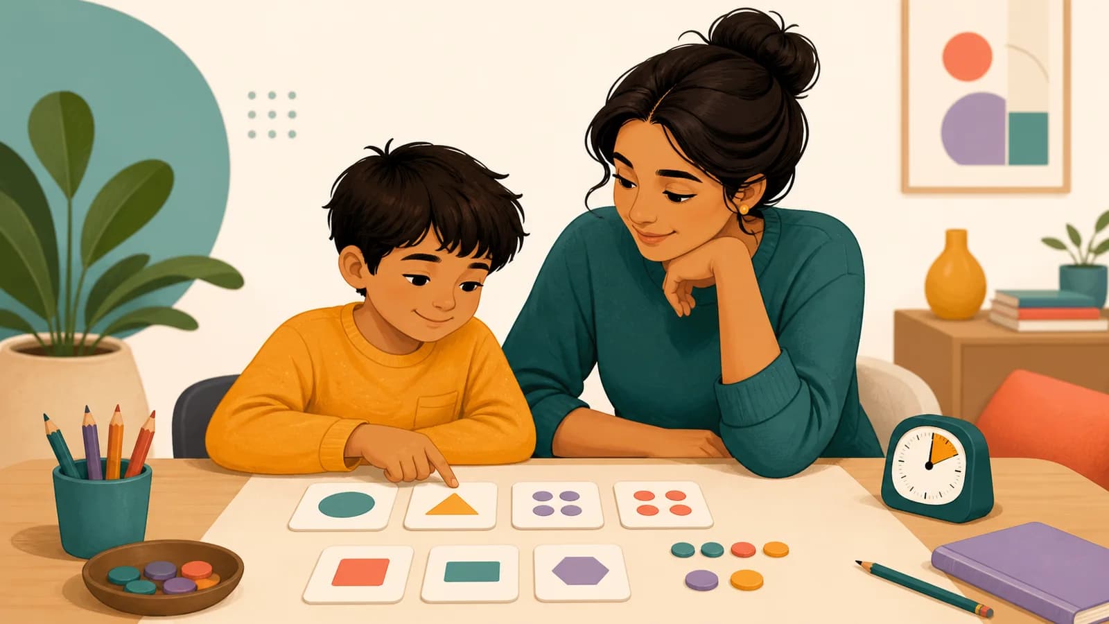 A caregiver and child calmly exploring shapes and counters at a table
