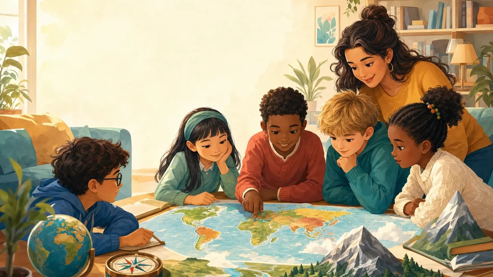 Children exploring a colourful world map and globe with mountains and rivers in a welcoming home learning scene.
