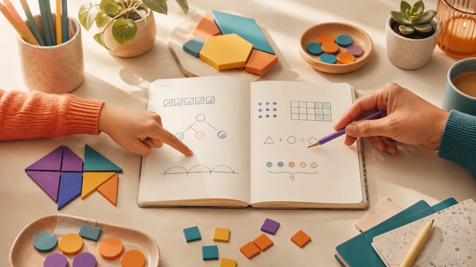 Two people use shape tiles, counters and a notebook to discuss different steps in a maths problem.