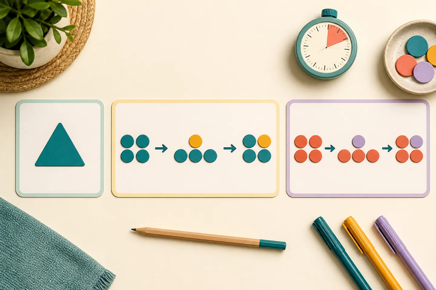 Three visual maths practice stages arranged across a calm desk