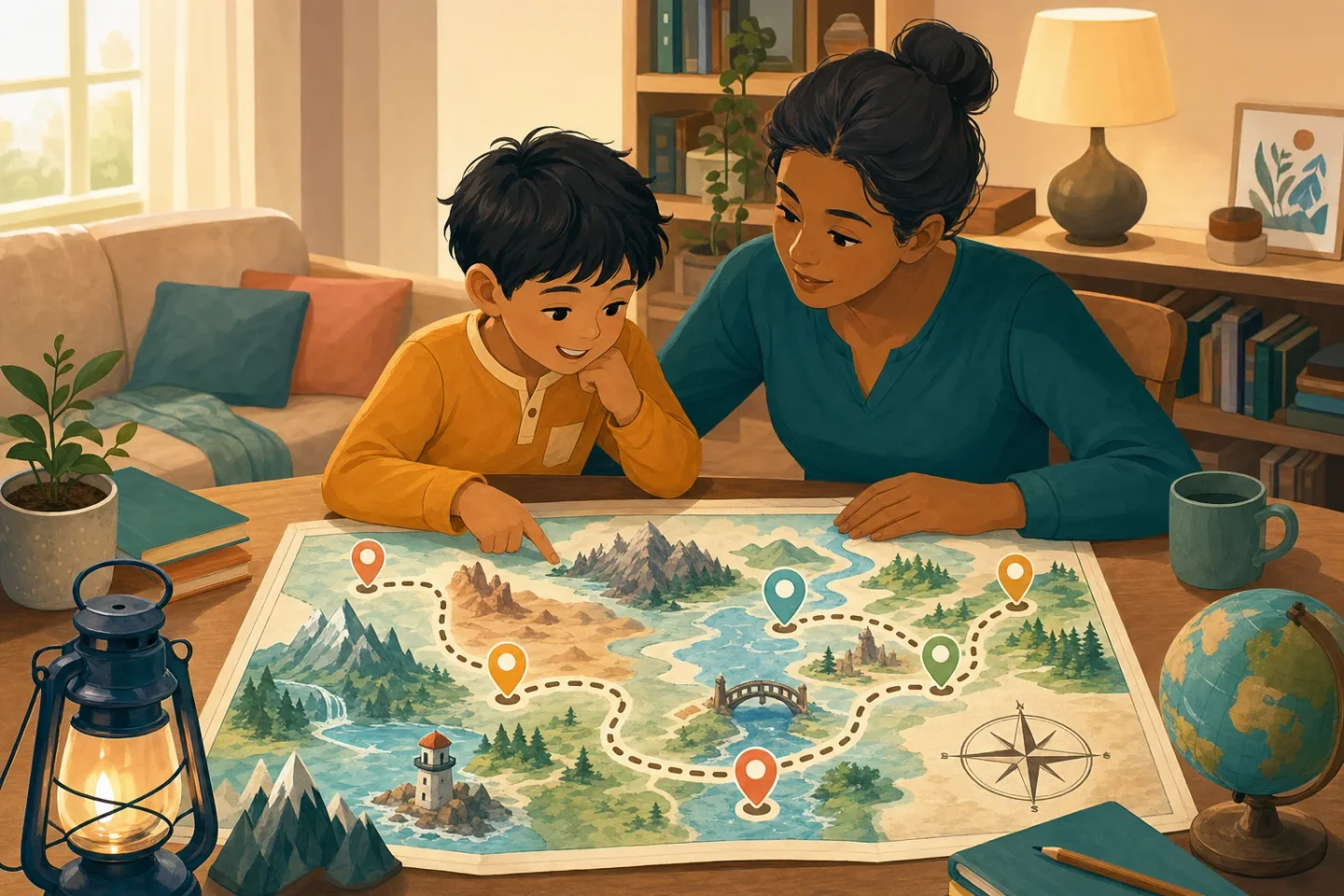 A parent and child discussing map directions and landscape features beside a colourful illustrated map.