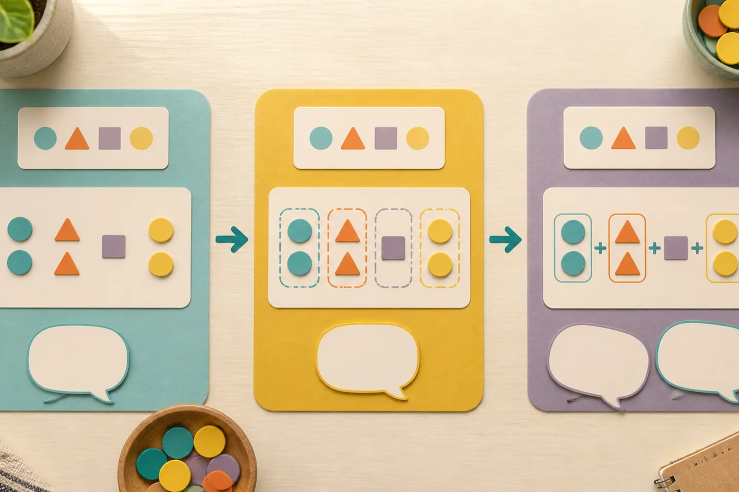 Three connected groups of shape cards show noticing, organising and explaining a mathematical pattern.